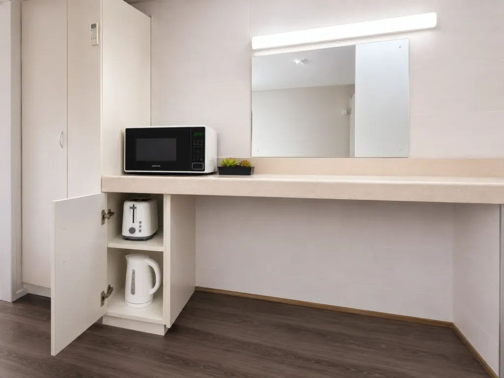 Deluxe King Room — desk with microwave, kettle and toaster