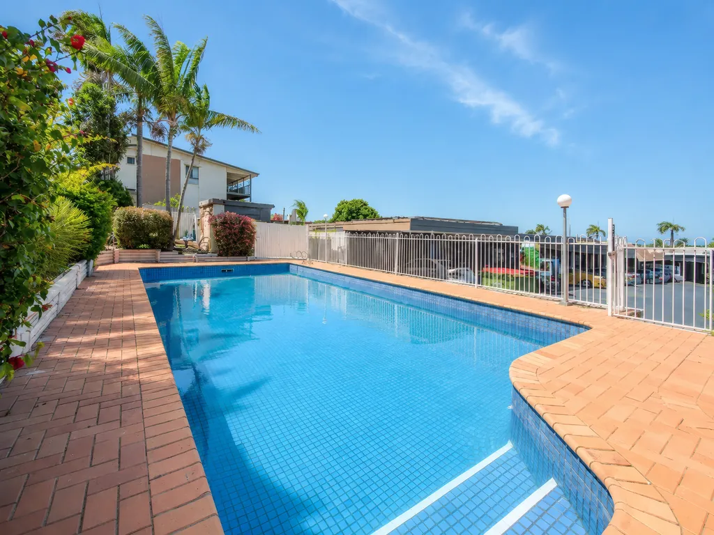Saltwater pool from poolside, palms and fencing